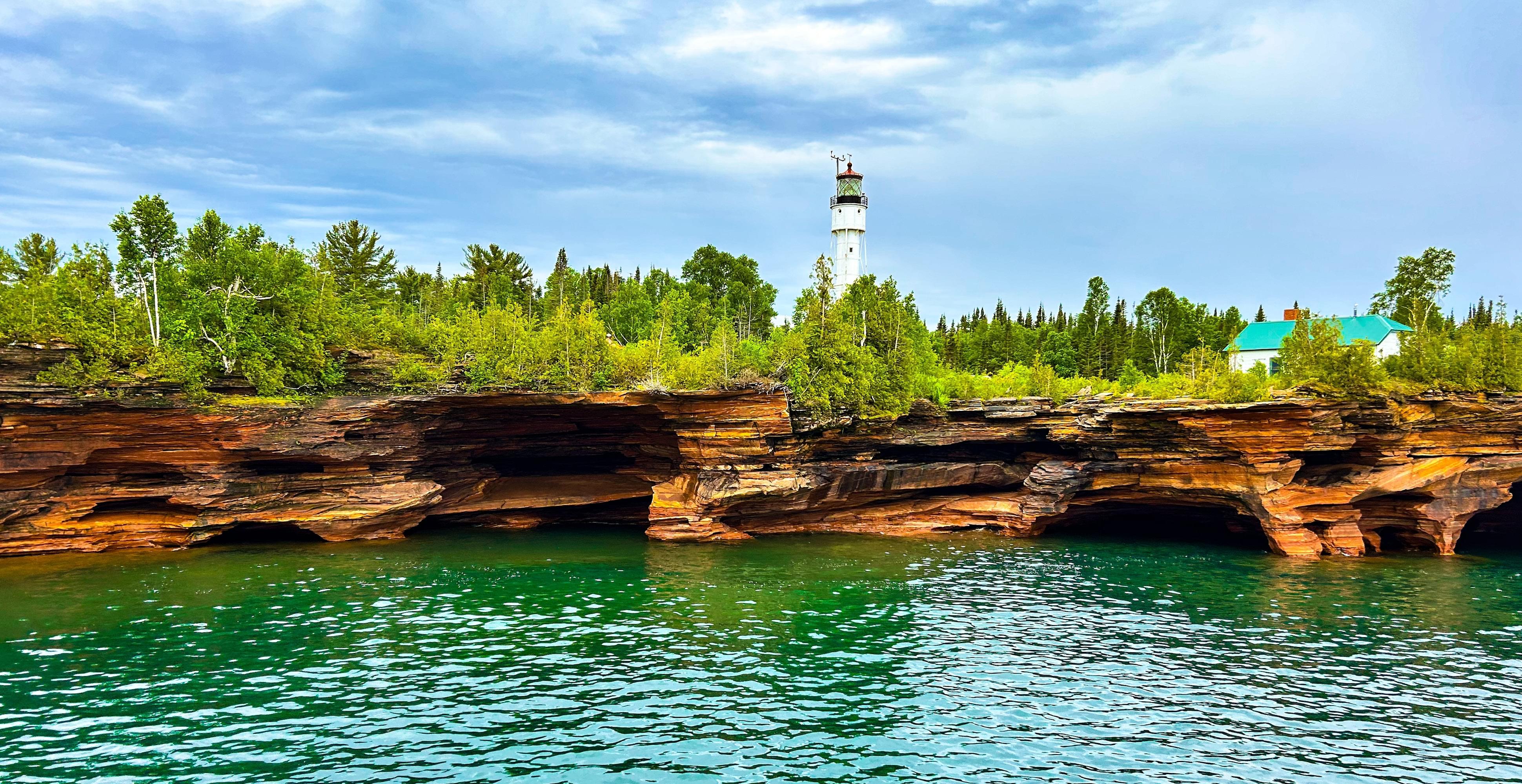 A lighthouse seen from Lake Superior in the Apostle Islands